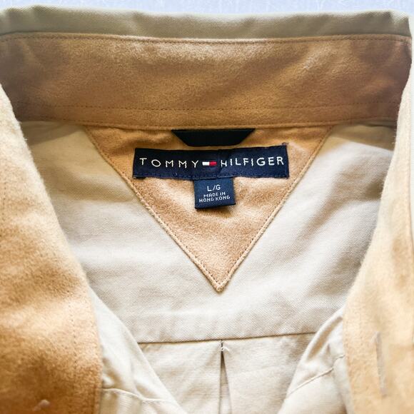 VTG Tommy Hilfiger Tan Longsleeve Button Down 100 Cotton Suede Collar Trim L - Picture 3 of 11